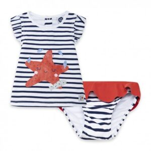 11329942-Conjunto Baño Camiseta de Tirantes y a rayas blanco y azul niña